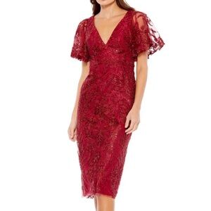 NWT Mac Duggal Wine Red Sequined Lace V-Neck Dress BURGUNDY COLOR Size 8